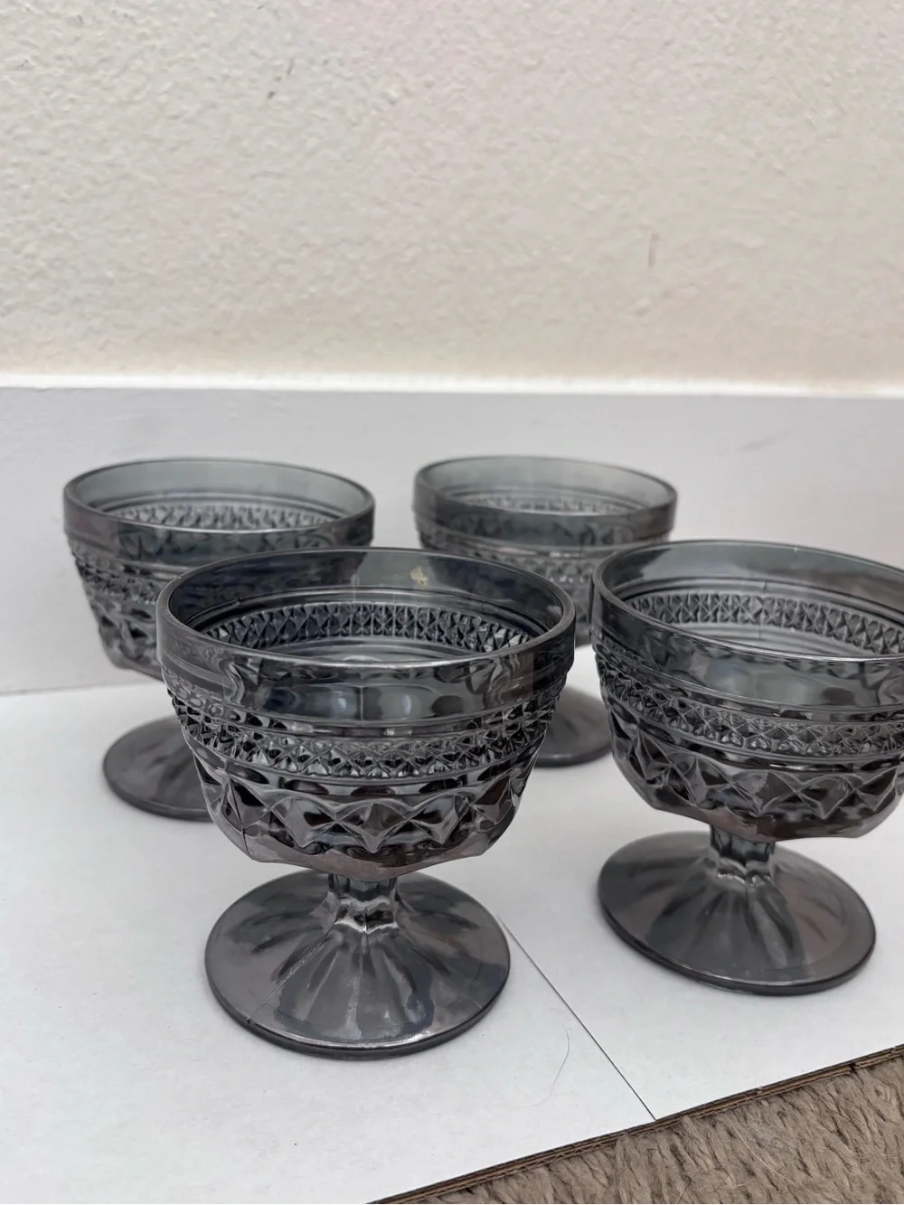 Vintage Smoky Gray Pressed Glass Dessert Cups - Set of 4